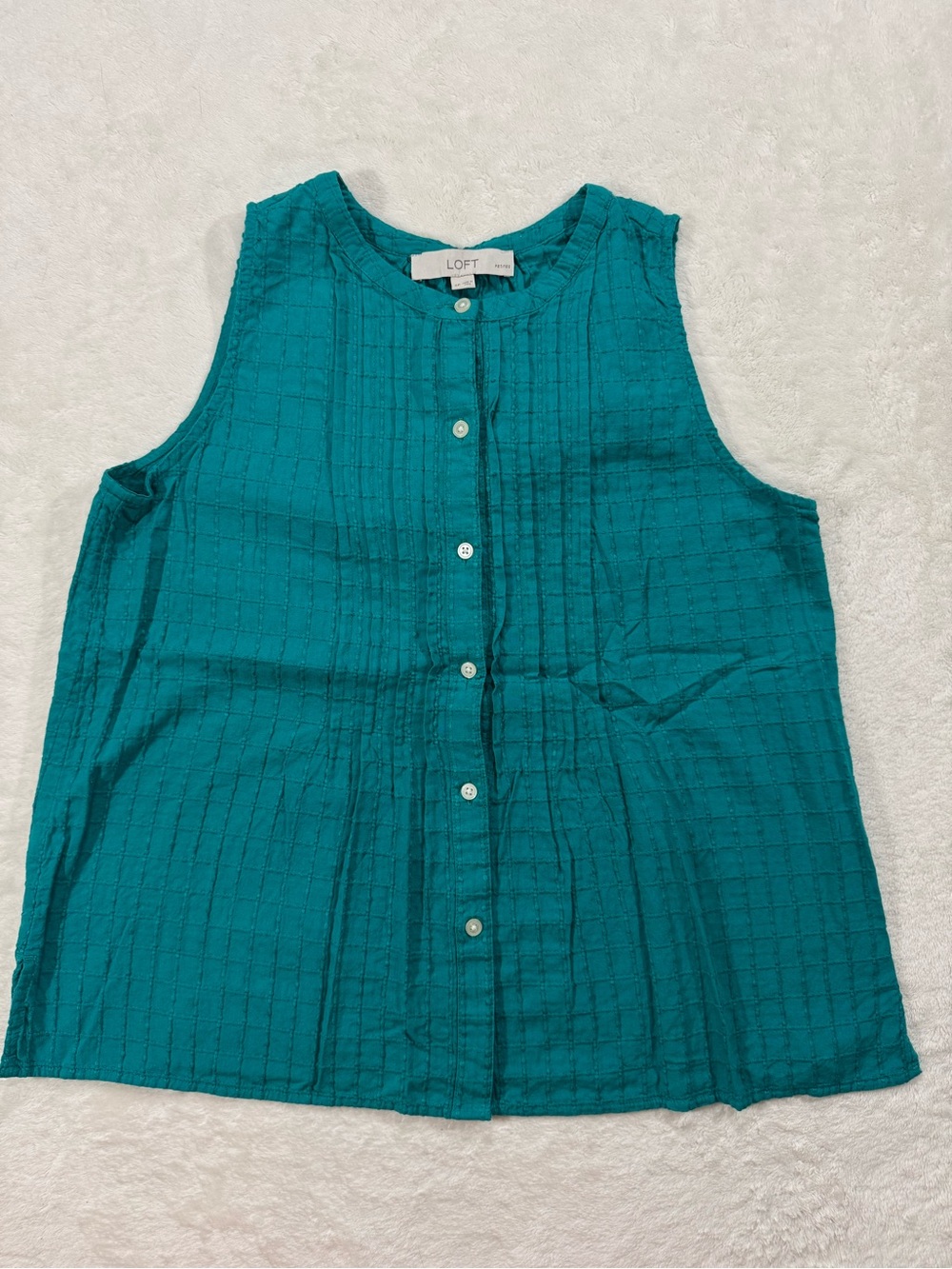 LOFT Petites Teal Textured Cotton Button Front Tank Blouse SP
